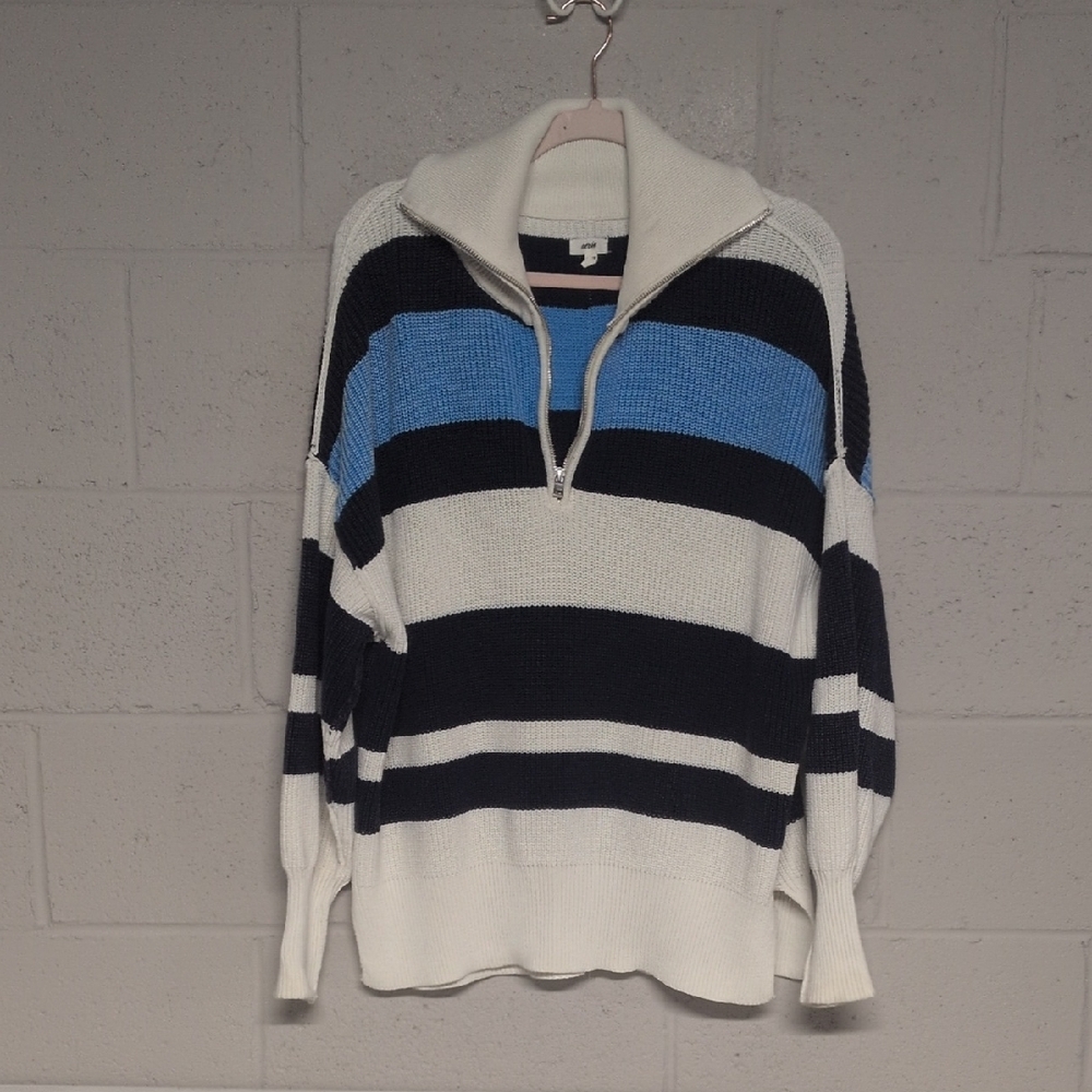 Aerie 1/4 Zip Beyond Sweater, Oversized Fit Blue Stripe Cotton Ribbed Sweater XS - Picture 2 of 7